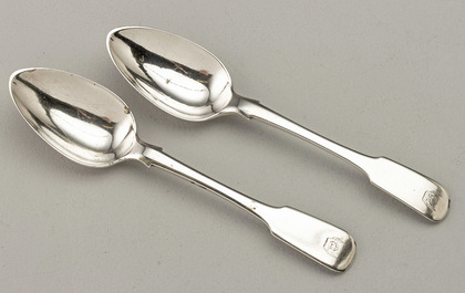 Cape Silver Dessert Spoons (Pair) - Lawrence Twentyman, different makers mark punches, Heathcote Family Crest